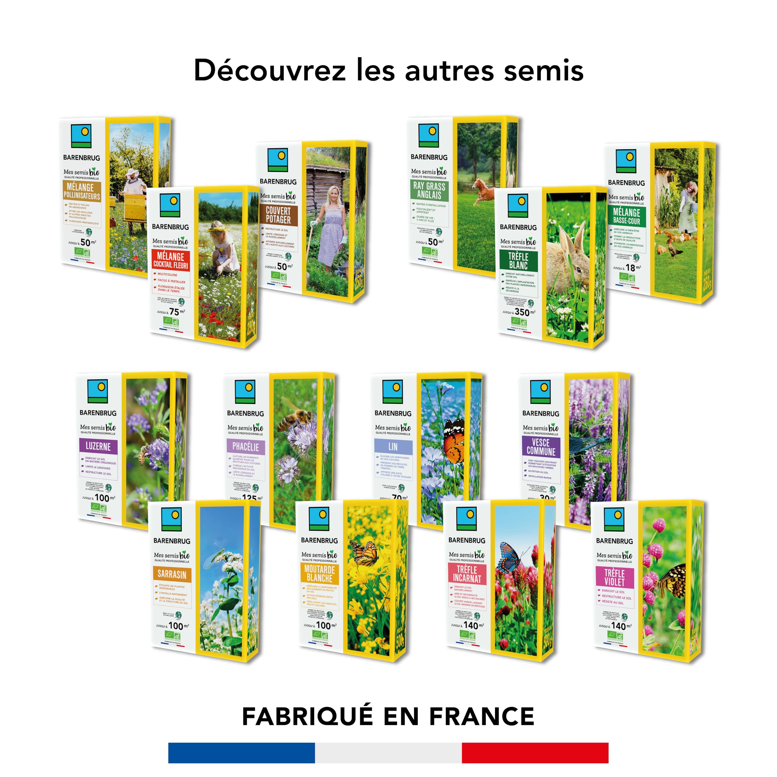 BARENBRUG - Trèfle blanc BIO - Enrichit Naturellement Sol - 500G | Limite les Mauvaises Herbes - Résiste à la Sécheresse - Enrichit le Sol - Fabriqué en France