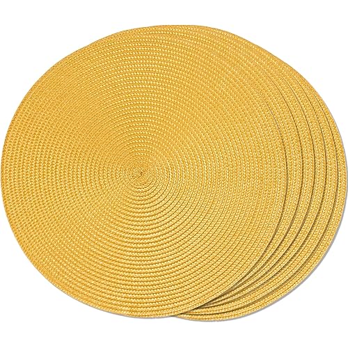 FunWheat Round Braided Placemats Set of 6 Table Mats for Dining Tables Woven Washable Non-Slip Place mats 15inch for Summer(Yellow, 6pcs)