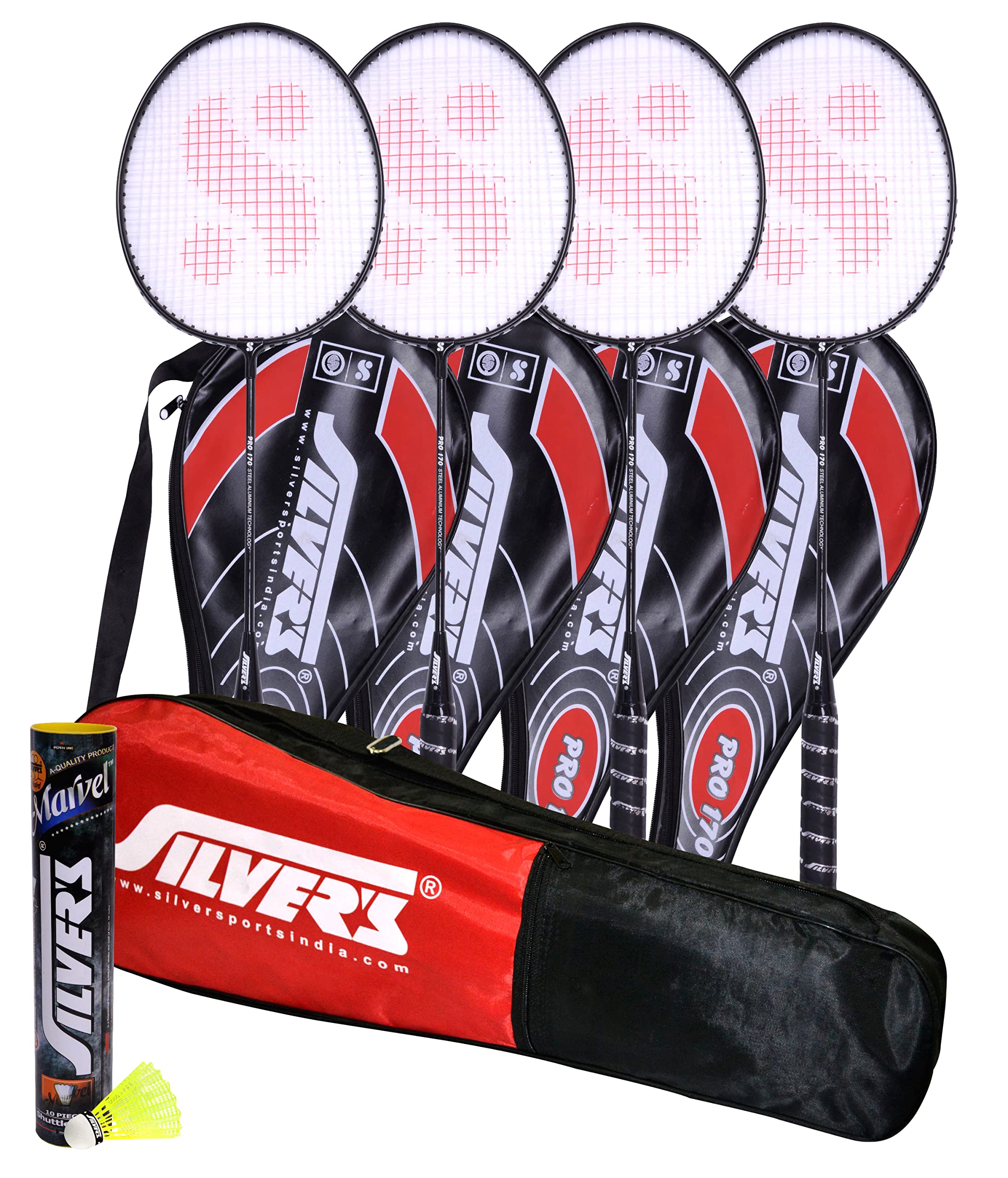 Silvers Pro-170 Combo 5 (4 Badminton Rackets with 3/4 Covers,10 Plastic Shuttlecock, 1 SBK 509 Kit Bag (1 Compartment and 1 Pocket) (B0BCGN1LM9) Amazon Price History, Amazon Price Tracker