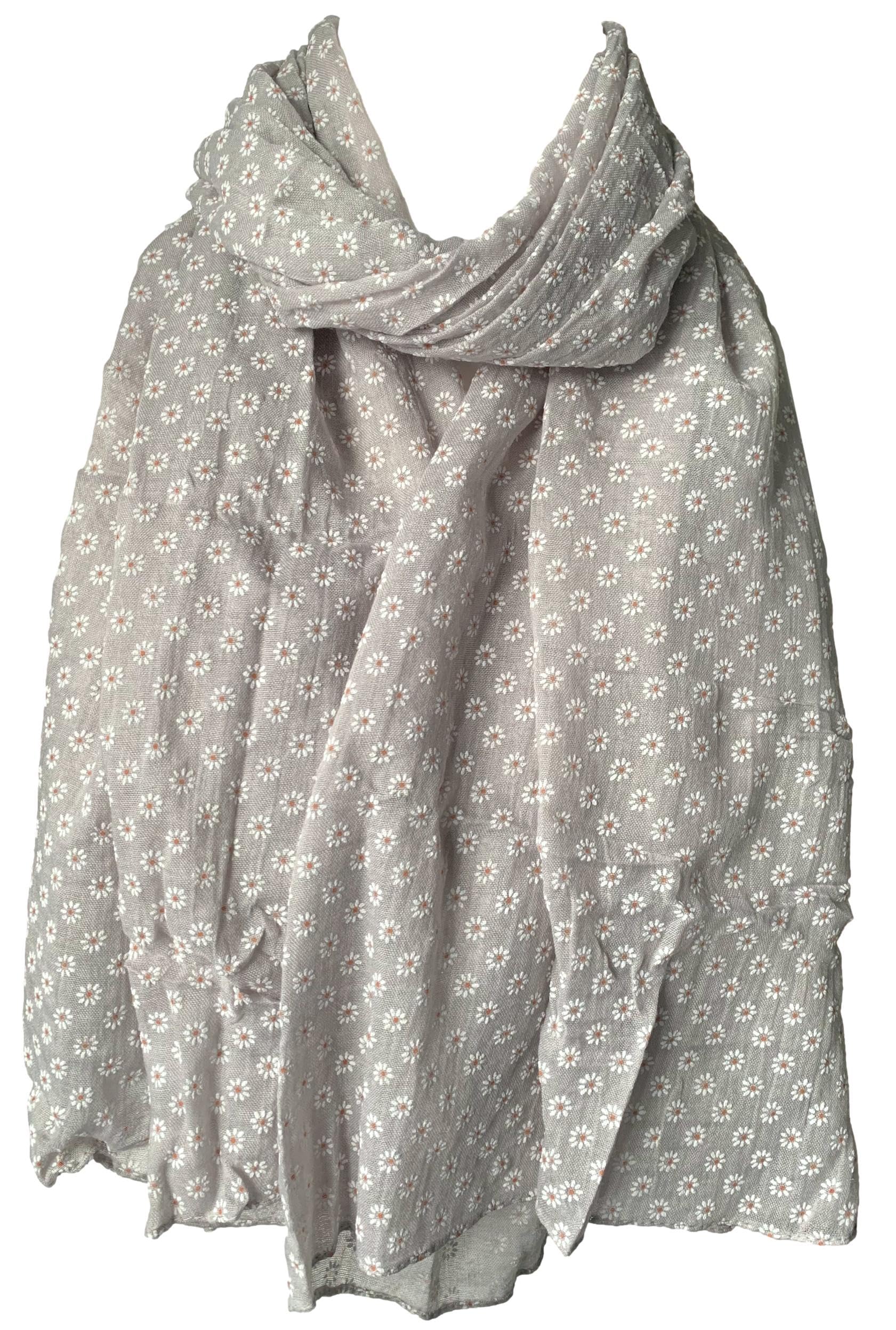 Grey Floral Scarf White Embossed Daisy Flowers Womens Flower Lightweight Wrap