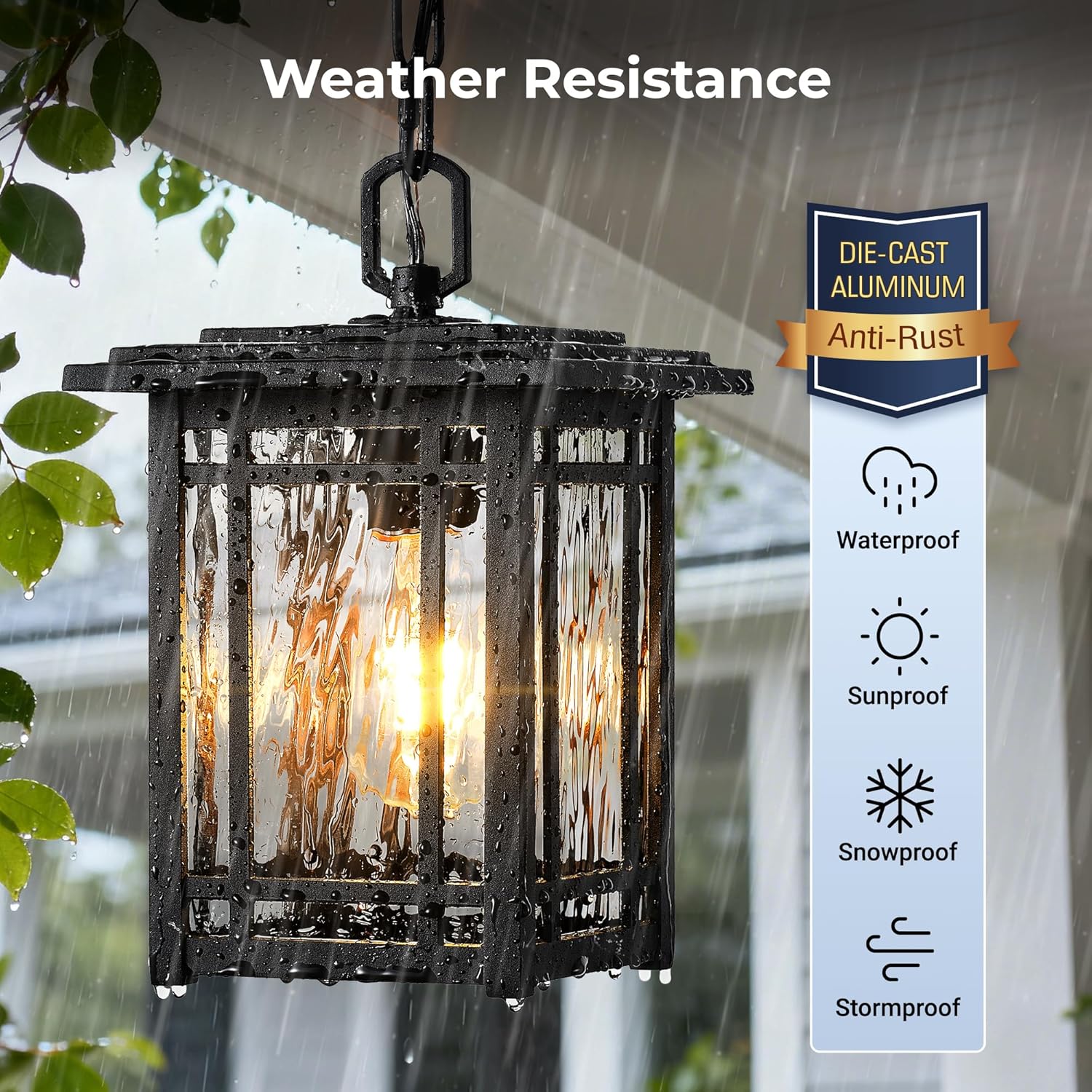 Dusk to Dawn Outdoor Hanging Lights, Black Exterior Pendant Light with Adjustable Chain, Large Outside Hanging Light Fixture with Photocell Sensor, Outdoor Chandelier for Porch, Gazebo, Hallway