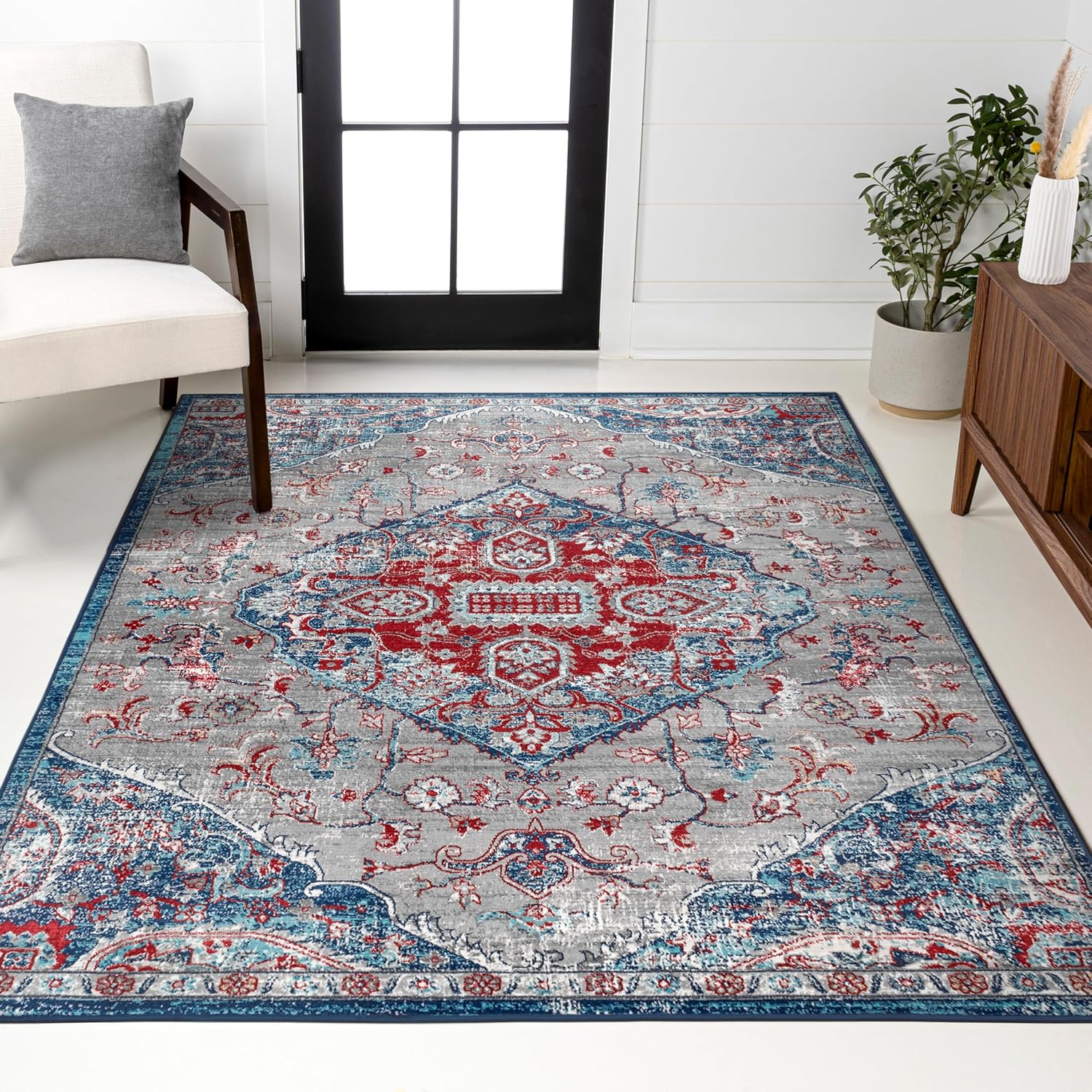 JONATHAN Y Modern Vintage Medallion Red/Navy Indoor Area Rug, 3x5, Country, Floral, Easy-Cleaning for Living Room, Bedroom, Kitchen, Pet Friendly, Non-Shedding (MDP104A-3)