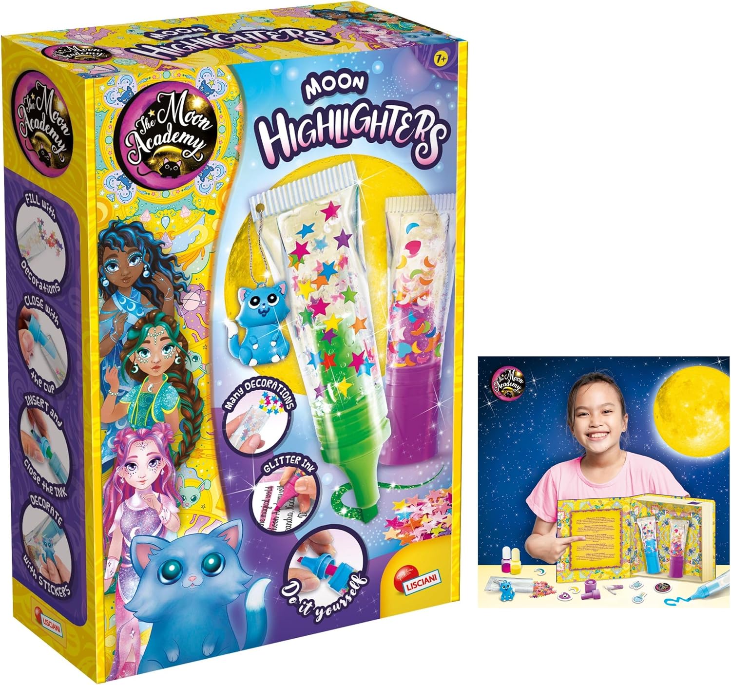 Lisciani - Moon Academy - Personalized Highlighter Kit for Children Aged 8 and up - Creative Box - Manual Activity - Creative Birthday Gift Idea - DIY Stationery - Decorative Highlighter Pens