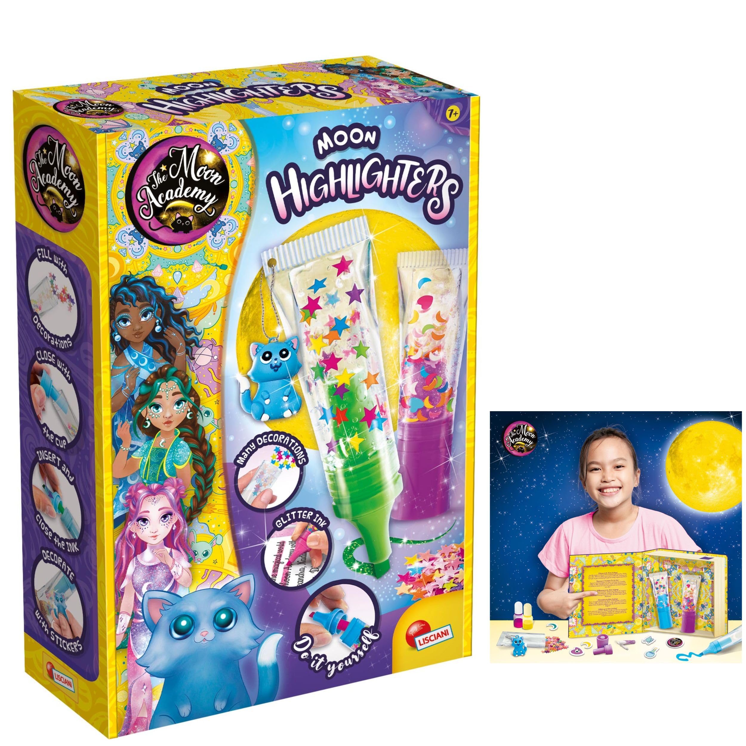 Lisciani - MOON ACADEMY - Personalized Highlighter Kit for Children aged 8 and up - Creative Box - Manual Activity - Creative Birthday Gift Idea - DIY Stationery - Decorative Highlighter Pens