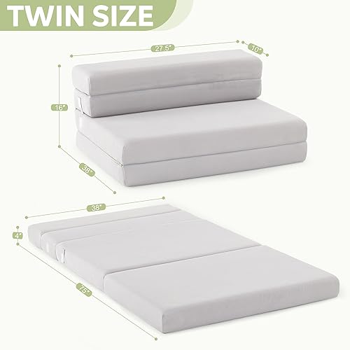 Miniatura 8 de Lazyzizi Colchón plegable de 4 pulgadas, sofá cama plegable para adultos, campamento, invitados, con reposacabezas, funda transpirable y lavable