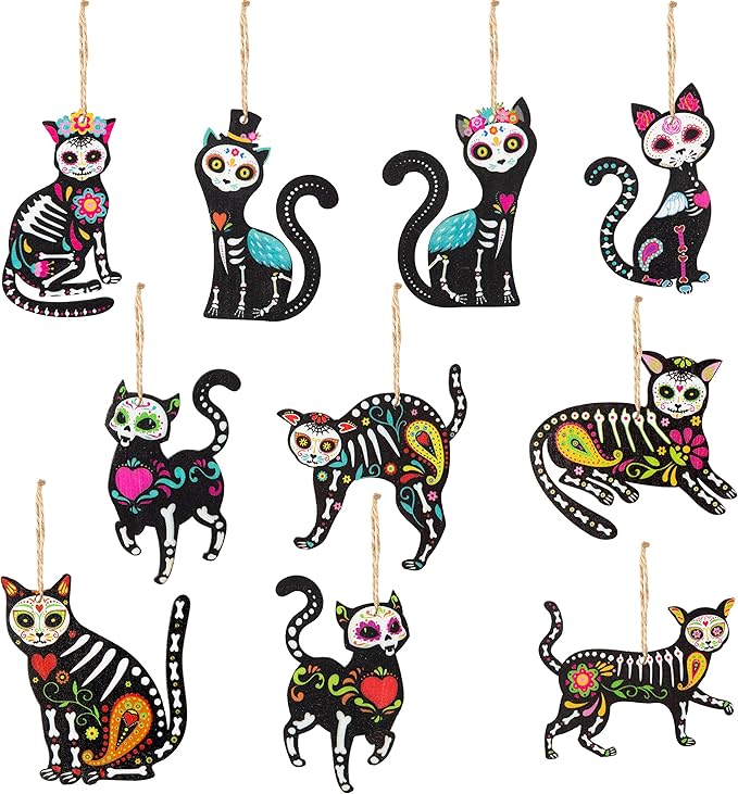 WATINC 31pcs Day of The Dead Cat Skeleton Wood Hanging Ornament, Sugar Skull Scratch Skeleton Halloween Decorations Mexican Fiesta Festival Party Wooden Gift Tags Decor, Crafts Favor for Home Tree