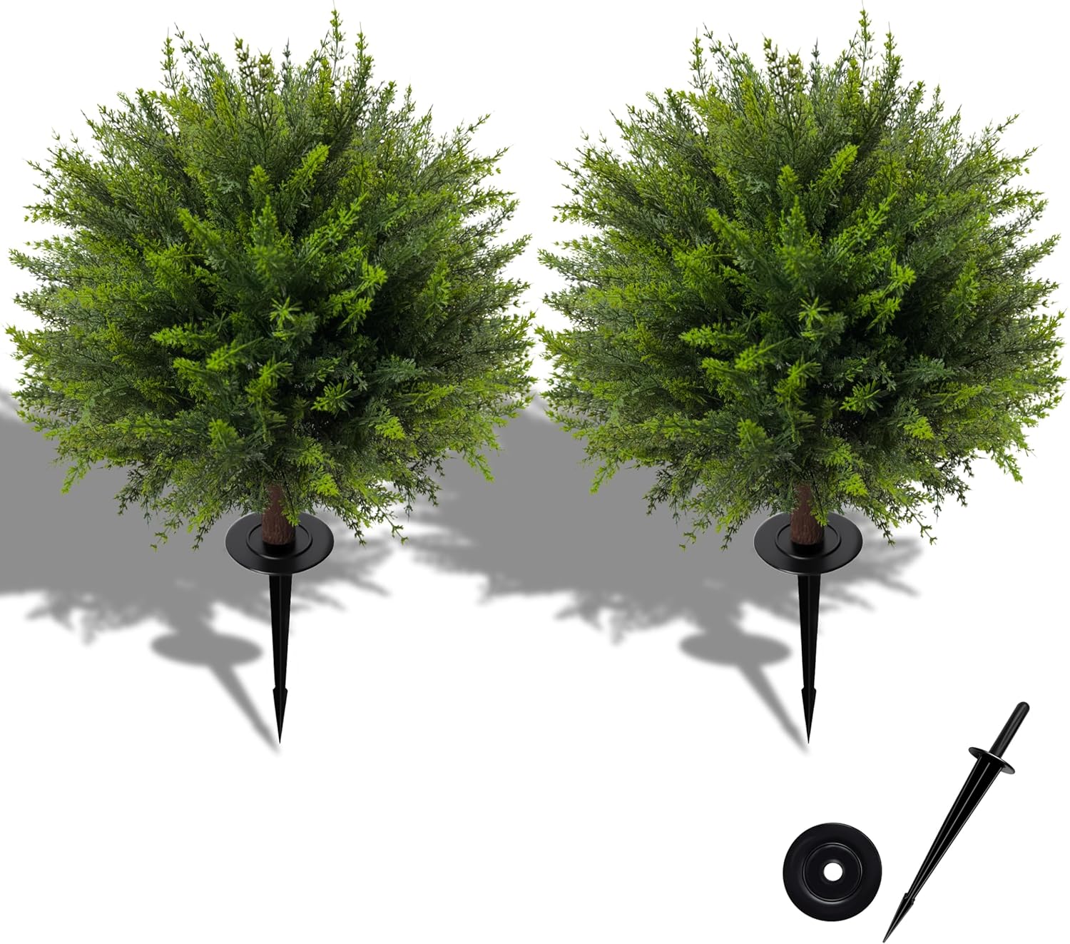 24.5 Inch (H) Artificial Cedar Topiary Ball Trees, Set of 4 Fake Shrub Bushes with Ground Spike, UV Resistant Faux Cypress Greenery Decor for Outdoor Garden, Patio, Front Porch, and Indoor Use