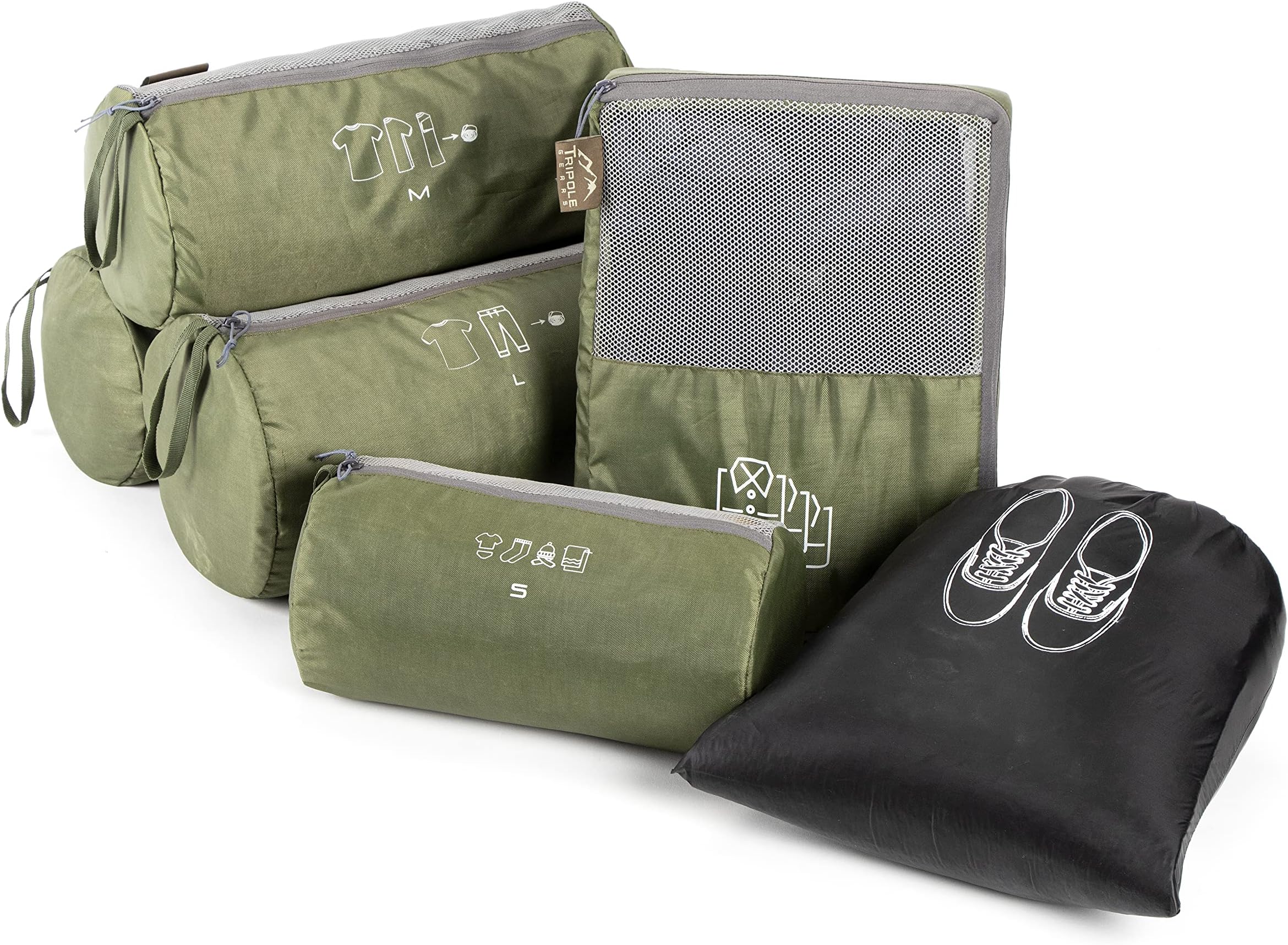 Tripole Polyester Organizer Packs - Cylindrical Shaped For Rucksacks - Set Of 6 | Shirt Bag | Green, 19 cm, 5 cm