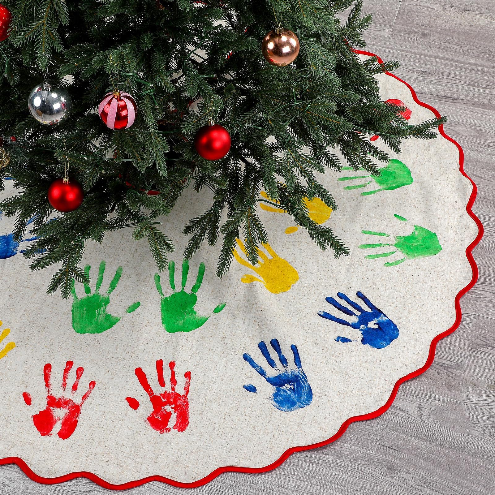 Sosation 56 Inch Christmas Tree Skirt Set Linen White Christmas Tree Skirt with Red Wavy Lace for Xmas Decorations, New Year Farmhouse Holiday Party Indoor Home Decorations