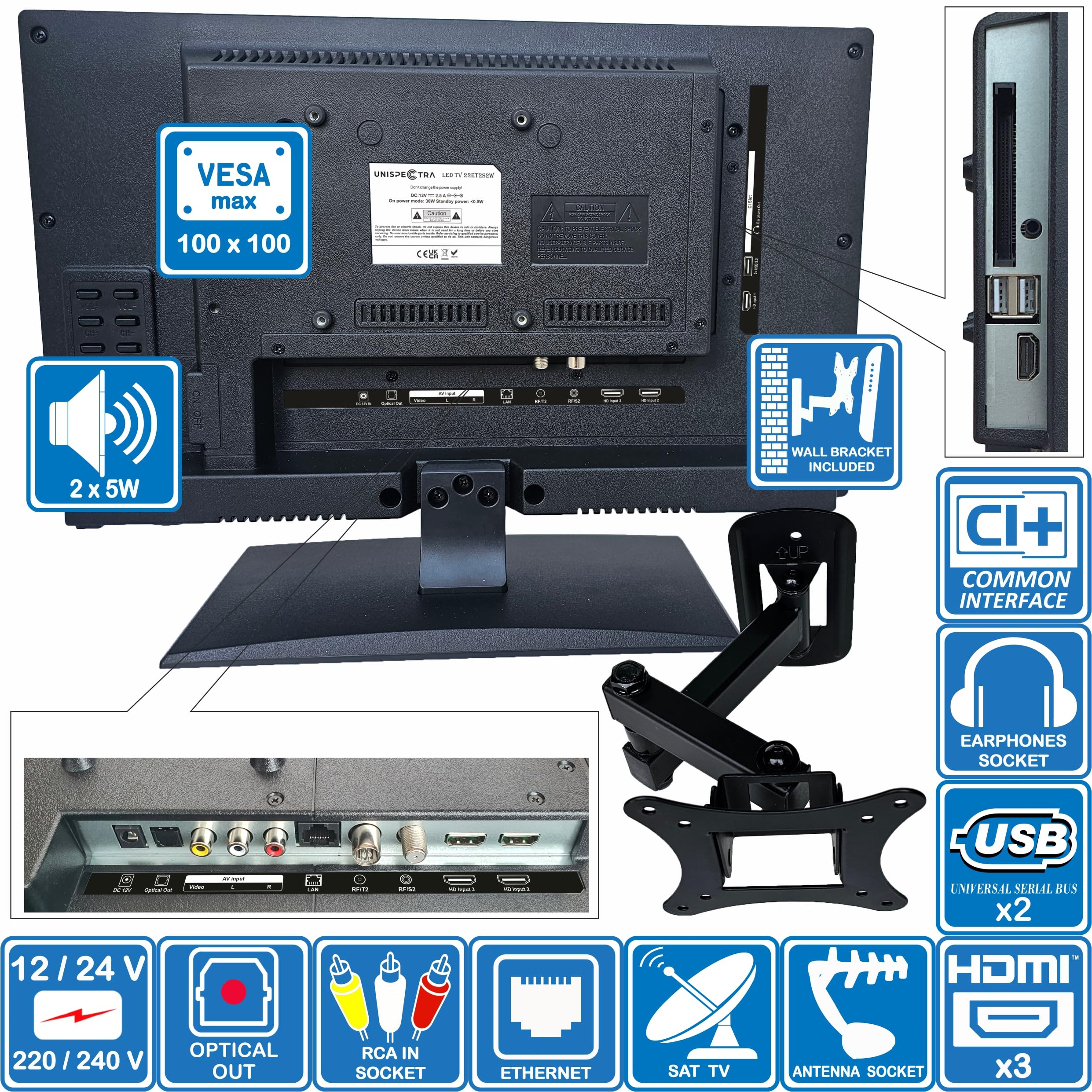 Unispectra ® 22“ Smart TV (webOS) mit Magic-Fernbedienung Full HD 230V 24V Triple Tuner: Satellit, Antenne, Kabel TV. 12V Fernseher für Wohnmobile, Wohnwagen, LKWs, Boote
