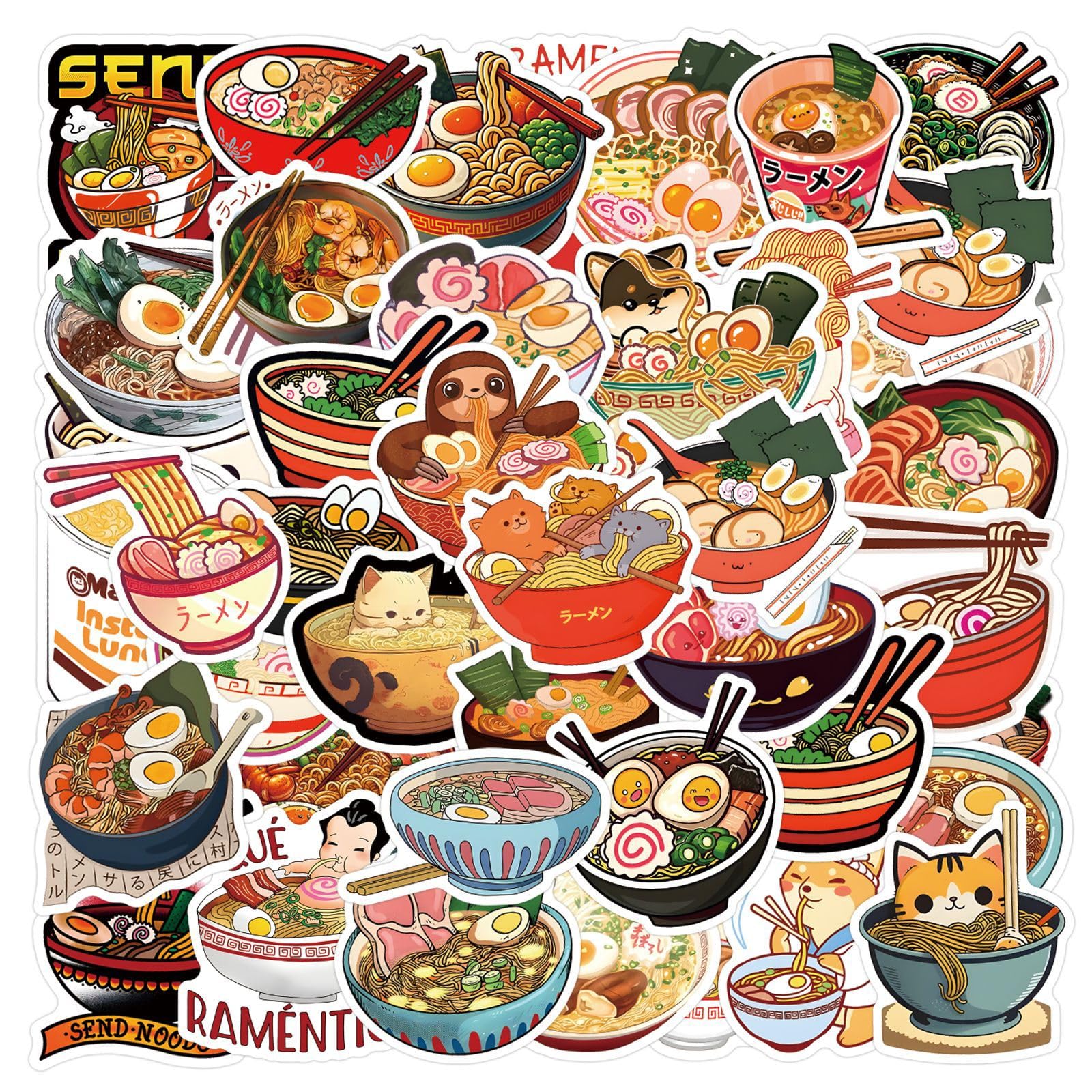 55 Pcs Ramen Stickers for Children Teens Girls Boys,Lamian Noodles Stickers for Bicycle,Skateboard,Laptop Water Bottles,Computer,Waterproof Vinyl for Wall,Graffiti Stickers