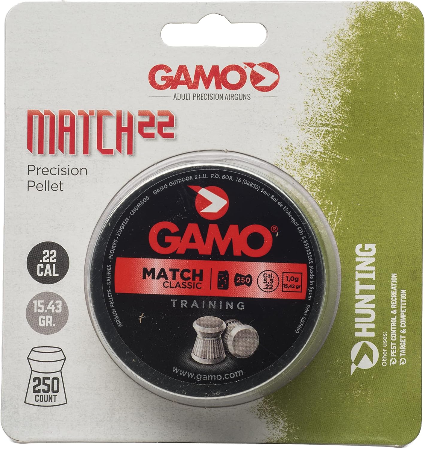Gamo Air Gun Pellets Match (Flat Nose) .22 Cal. Tin of 250 632002554