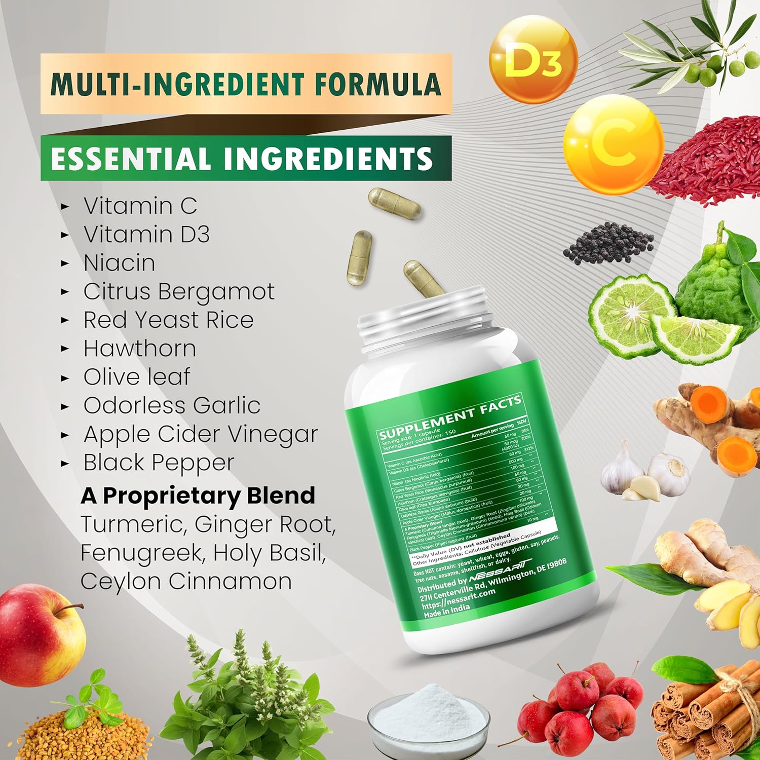 Citrus Bergamot Supplement - 15-in-1 Natural Blend with Red Yeast Rice Hawthorn Olive Leaf Odorless Garlic Turmeric Ginger Fenugreek - 150 Count - Image 4