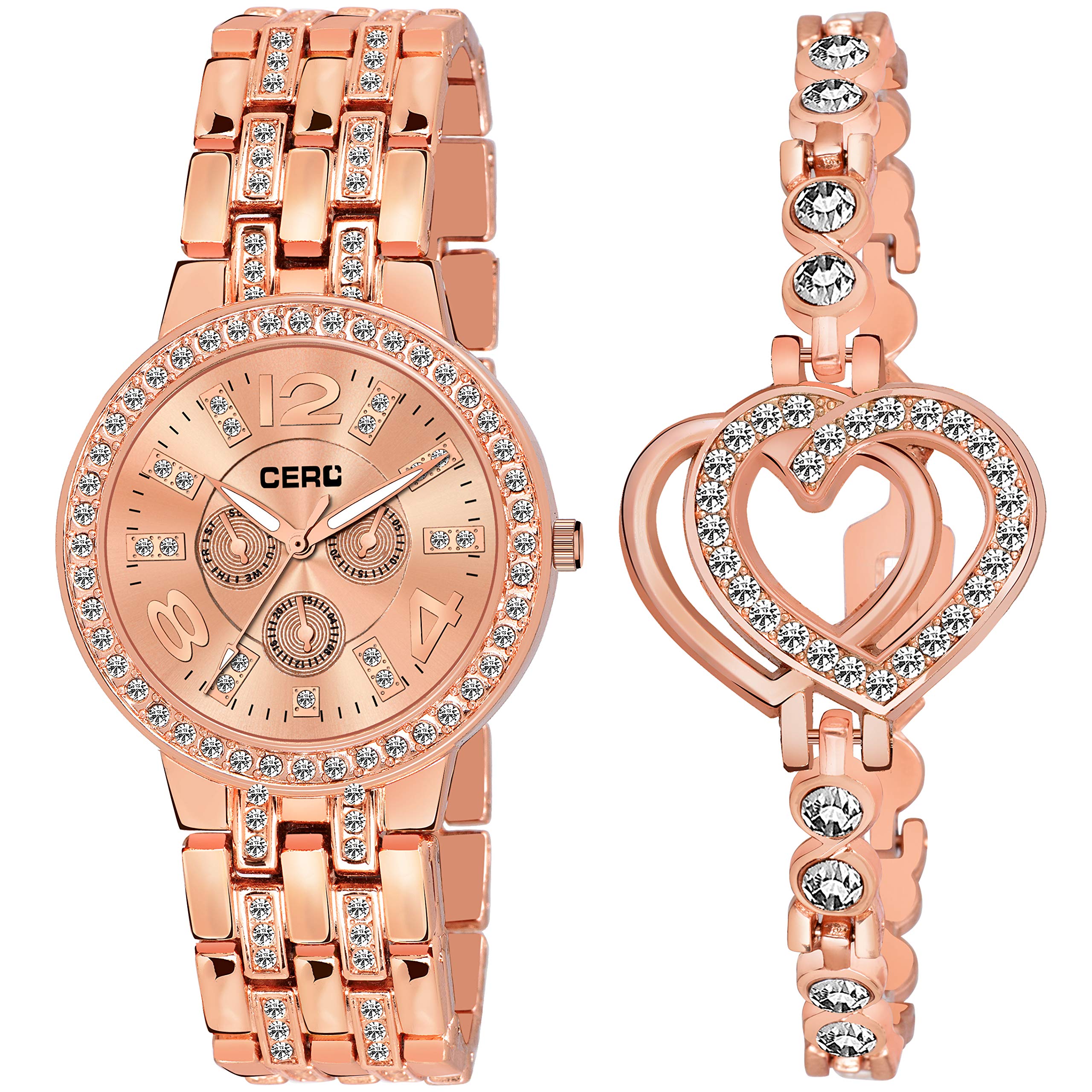 CERO Analogue Rose Gold Metal Watch & Bracelet Combo for Women& Girls (Rose Gold, Pack of 2) (Rose Gold Heart Chain) (B08R728Q3K) Amazon Price History, Amazon Price Tracker