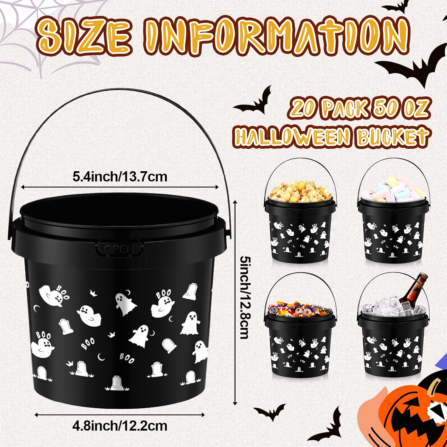 20 Pack 50 oz Halloween Trick or Treat Bucket with Handles Ghost Gravestone Buckets Black Round Ice Pail Basket for Halloween Holiday Party Supplies