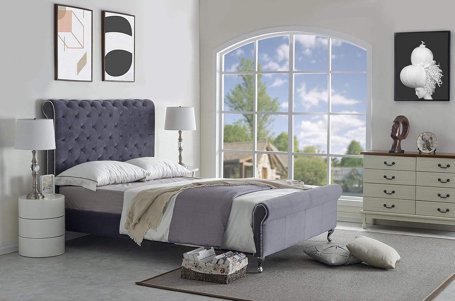 Container Furniture Direct Mid Century Modern Tufted Upholstered Bed, Queen Size, 63", Grey