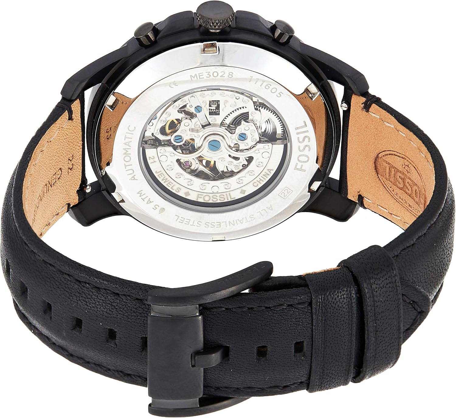 Lura view of the Fossil ME3028 Grant watch, showing the transparent case back and automatic movement.