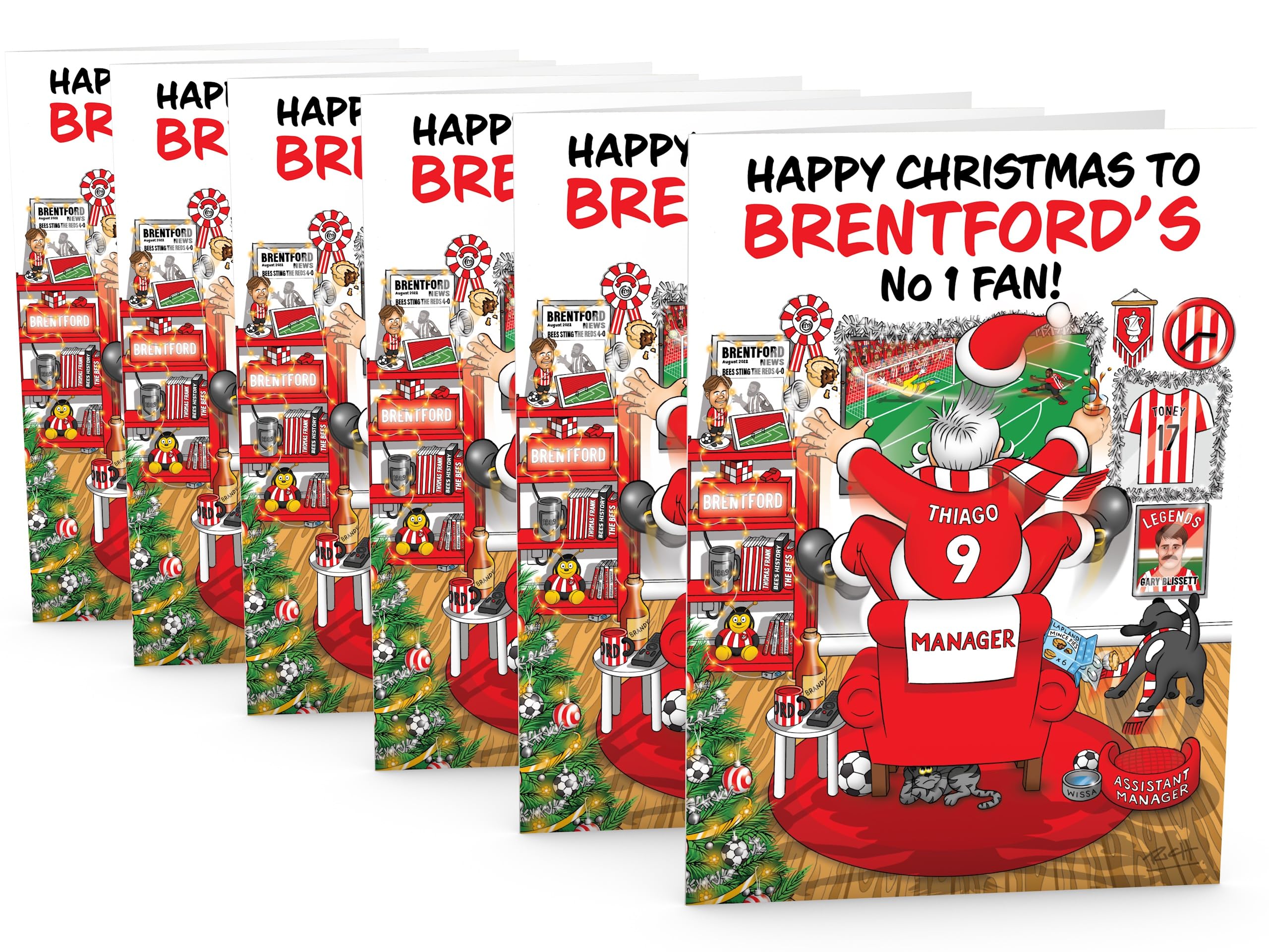 Football Christmas Card for Brentford Fans Pack of 6 Cards Santa Jumping Out of Chair to Support Team Funny Rear of Card Showing Rudolph Supporting Rival Club Large A5 Made in UK
