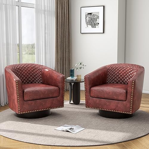 Miniatura 37 de Pia Ricco Juego de 2 sillas de barril de piel sintética, modernas y cómodas, sillas de club tapizadas con ribete de cabeza de clavo, sofá individual