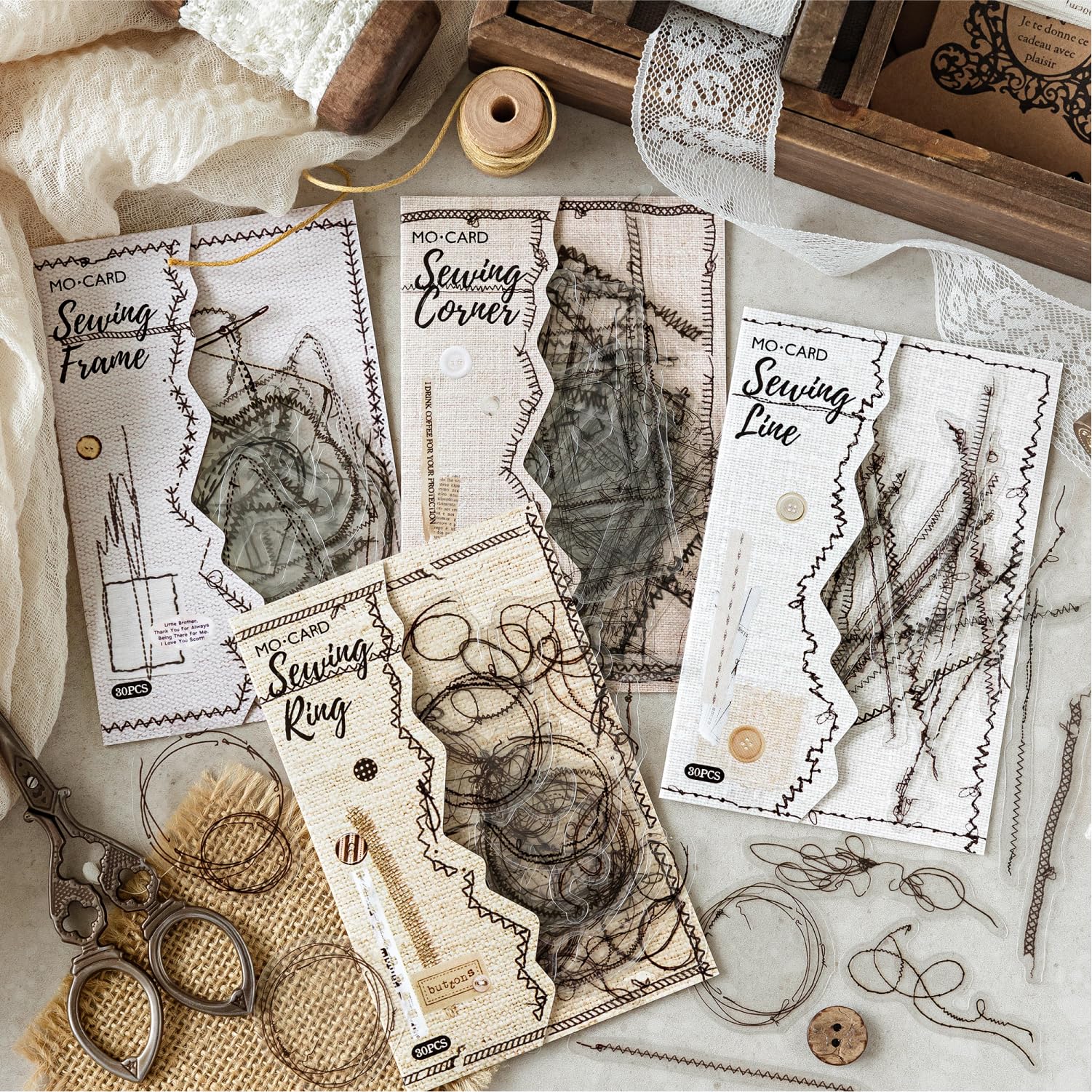 Alideco 120pcs Scrapbook Stickers Vintage Sewing Lines Corners Frames Circles Scrapbooking Junk Journal Crafts Embelishment Decoration Stickers (fengrengongzuoshi)