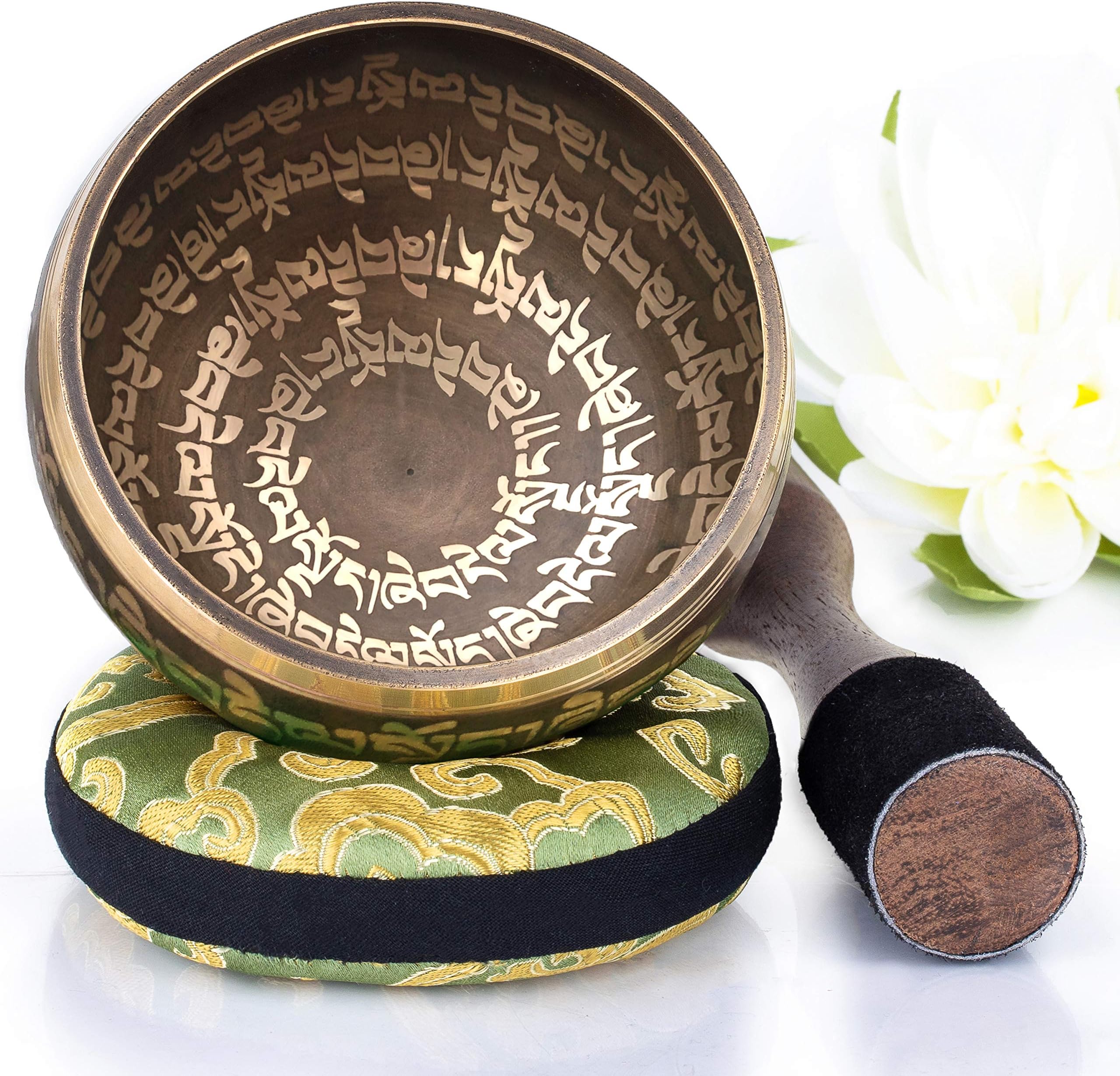 Tibetan Singing Bowl Set - Easy to Play - Creates Beautiful Sound for Holistic Healing, Stress Relief, Meditation & Relaxation - Peace Pattern - Light Brown Bowl with Green Pillow - Yoga singing bowls