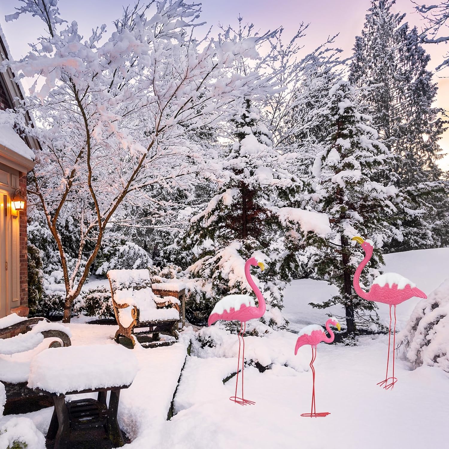 Ohuhu Family Flamingo Yard Ornaments, Set of 3 (32", 31", 19") Bright Pink Flamingos Ornaments with Metal Feet Stakes for Garden Yard Patio Party Decoration, Outdoor Decor Gardening
