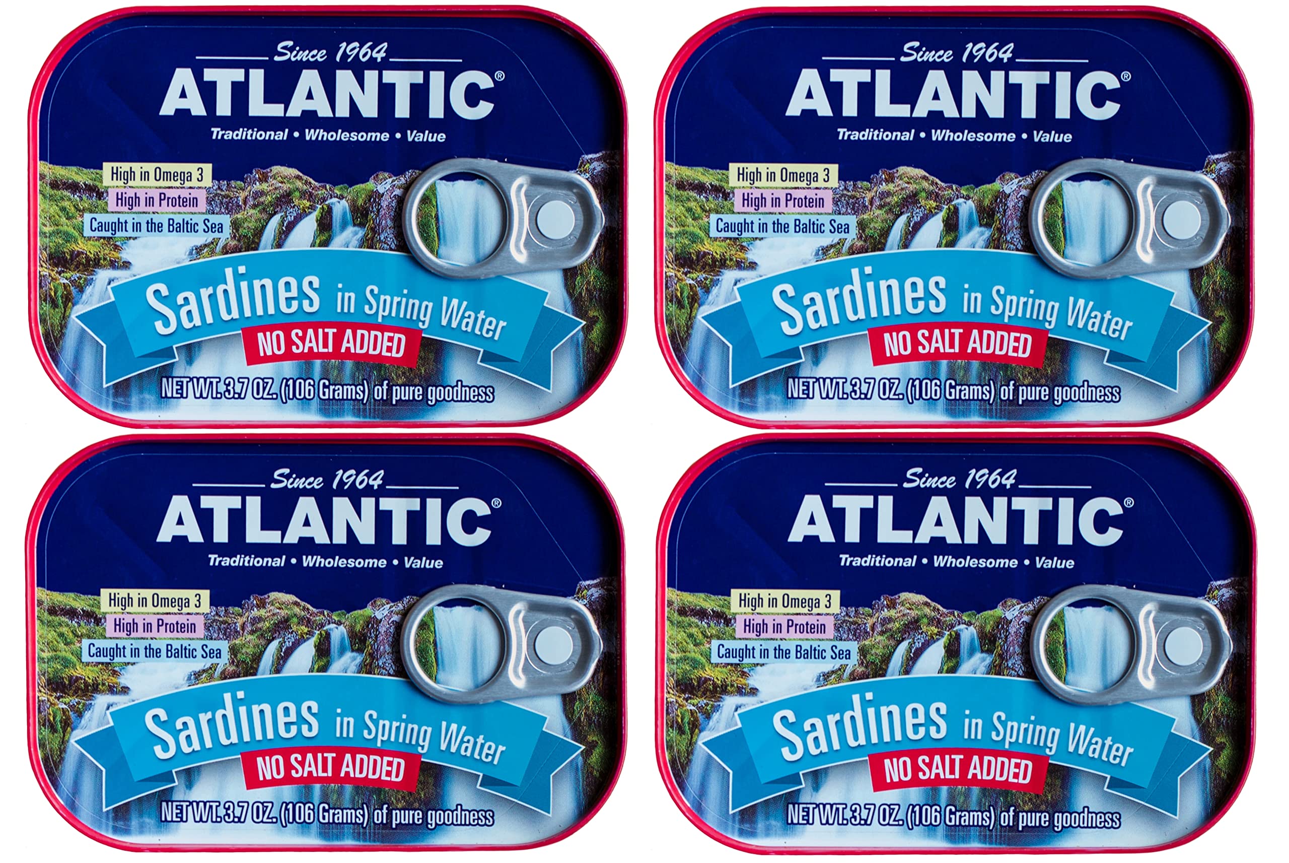 ATLANTIC - Wild Caught Sardines, Keto & Paleo Friendly, Total 14.8oz (Spring Water No Salt Added, 4 Cans)