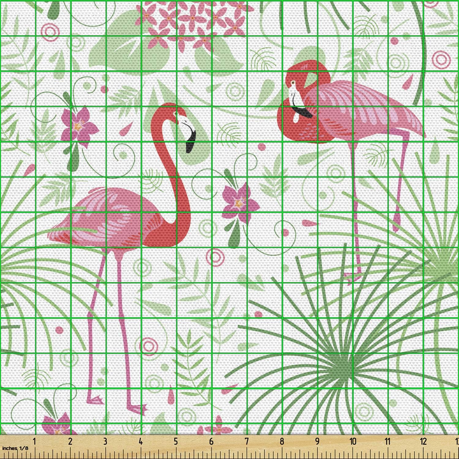 Lunarable Nautical Fabric by The Yard, Floral Pattern Flamingo Botany Greenery Floral Romantic Feminine Design Art, Decorative Fabric for Upholstery and Home Accents, 2 Yards, Ivory Green
