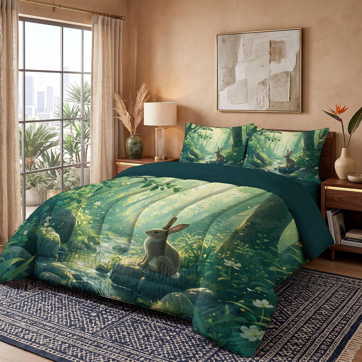 Forest Animals Comforter Set Twin Size, Rabbit Plant Print Breathable Bedding Set for Girls Boys Teens, Dark Green Quilt Duvet with 2 Pillow Cases