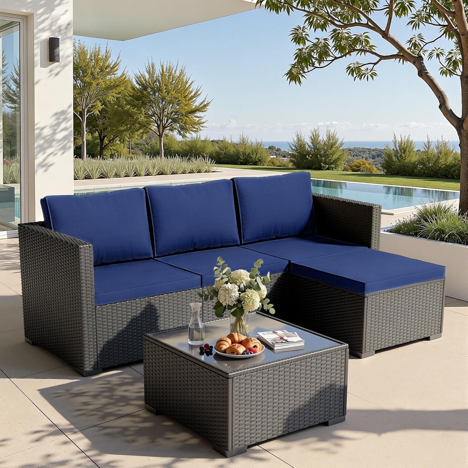 WWR Patio Furniture Set 5 Piece - Wide Armrests - All-Weather Wicker Rattan Outdoor Patio Conversation Couch Sets, Modular Sectional Sofa for Garden, Patio, Poolside, Backyard, Balcony, Porch
