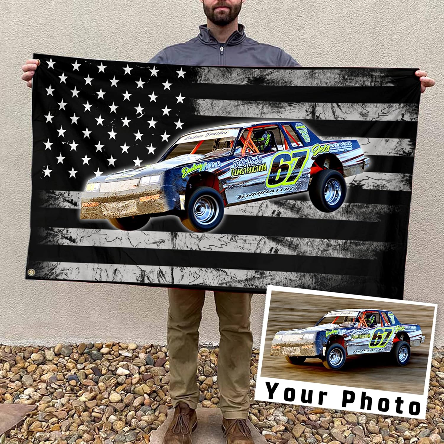 Personalized Custom photo checkered Dirt Track Racing flag; funny home decor xmas gift for dirt racing fan! (Black American Flag Black and White)