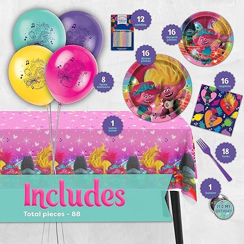 Miniatura 2 de Decoraciones de fiesta de cumpleaños Troll  Sirve a 16 invitados  Globos, mantel, platos, servilletas, tenedores, velas, botón