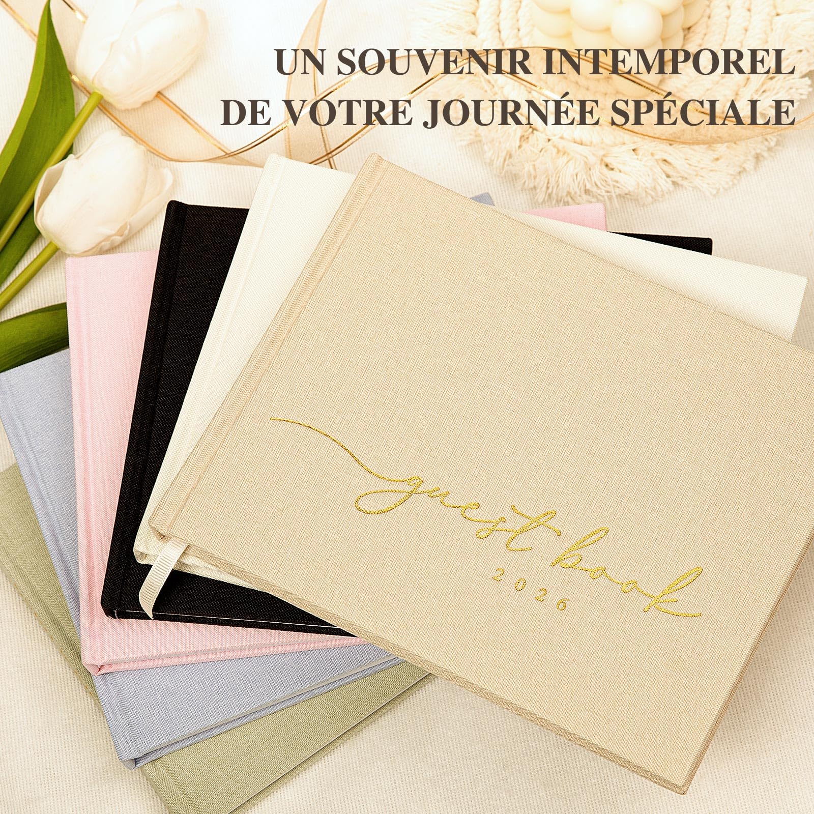 Livre d'or Mariage 2026 en Lin 108 Pages Vierges Crème