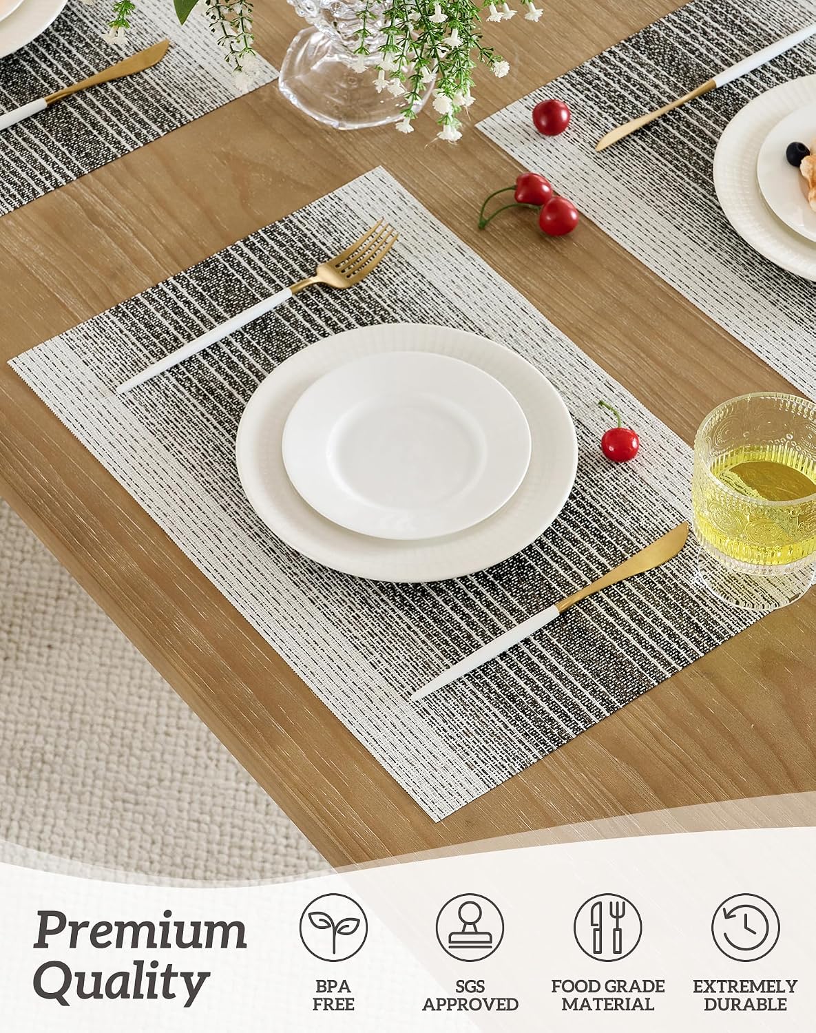 Leetaltree Woven Vinyl Placemats Set of 4,Black& White | Waterproof & Washable Dining Table Mats for Wedding, Anniversary, Daily Use, Hand-Cut, Easy to Clean
