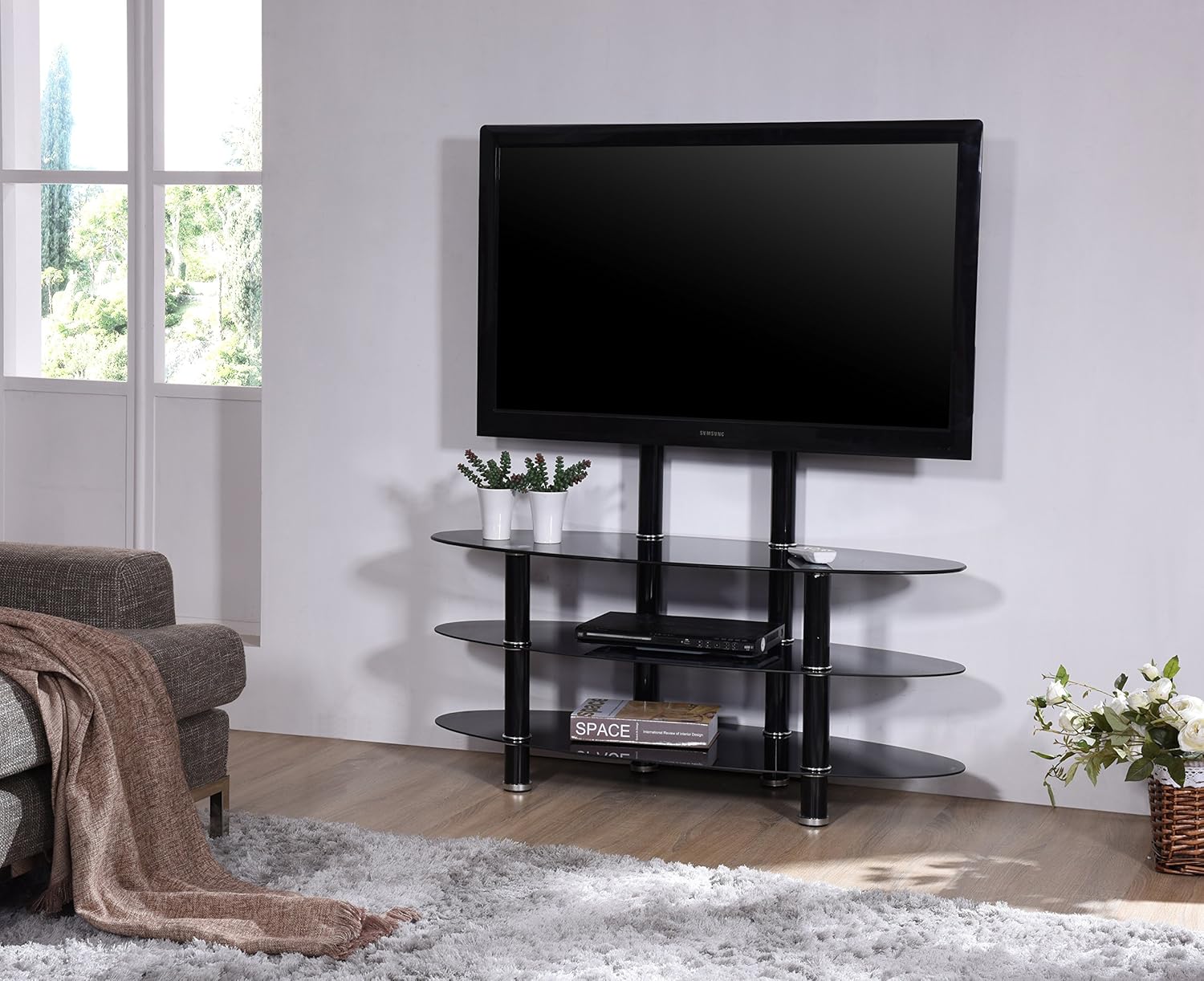 Hodedah Import Mount & Three Oval Tempered Glass Shelves Tv Stand, Black