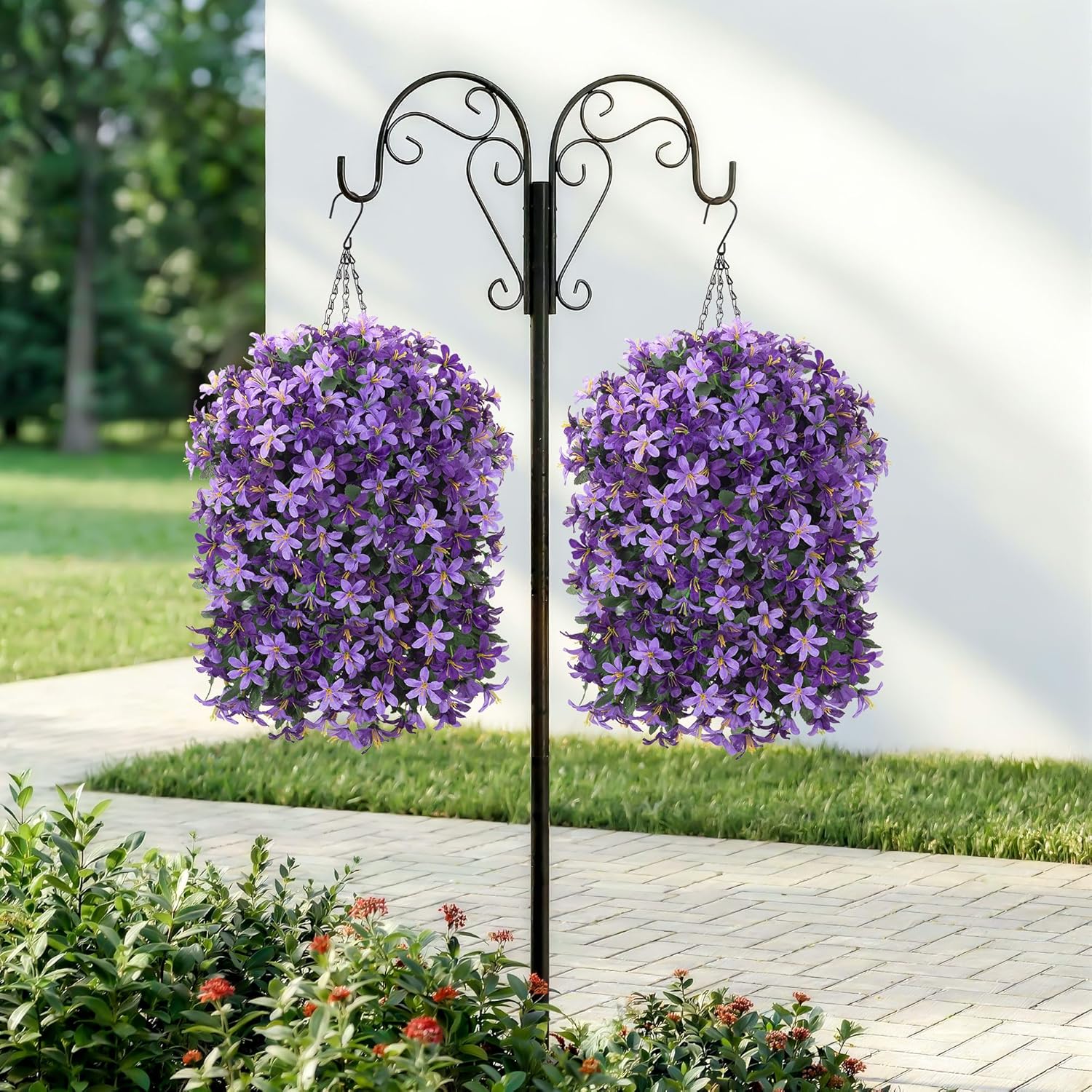 Hoppwodd Artificial Flower for Outdoors 4pcs Fake Lily Hanging Flower Baskets for Outside UV Resistant Silk Faux Long Trailing Vines for Garden Porch Patio, Purple & Light Purple