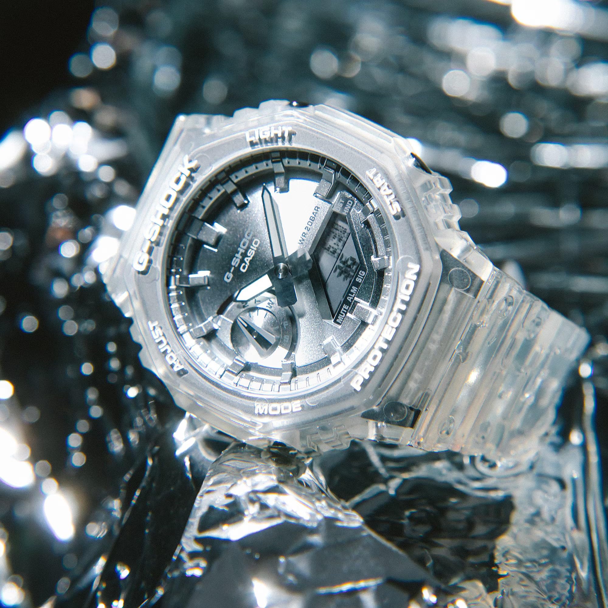 Casio G-Shock GA-2100BM-7A8ER Herren Analog-Digital Quarzuhr mit Edelstahlgehäuse, Transparentes Silikonarmband, Wasserdicht 20 bar, Weltzeit, LED-Beleuchtung, Stahl, 41 mm