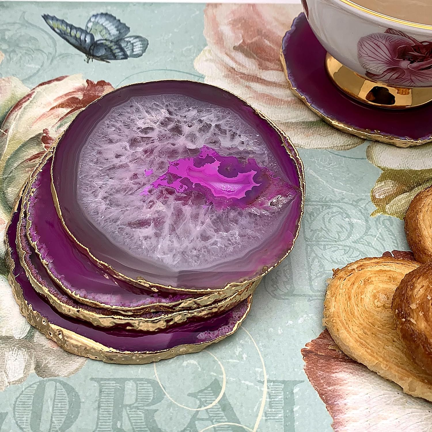 Pink Gemstone Coaster, Agate Coaster Set, Drinkware, Rock Coaster, Agate Slice Coaster, Drink Coaster Set of 2, Hostess Gifts (PKCO-58018)