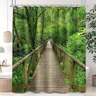 Nature Forest Wooden Bridge Shower Curtain 3D Rain Forest Scenic Landscape Shower Curtains for Bathroom Decor, Waterproof Cloth Fabric with Hooks 70 X 72 Inch
