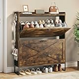 HUAHUU Shoe Cabinet with 2 Flip Drawers - Adjustable Shelves, Freestanding Organizer with Metal Legs for Entryway, Narrow Shoe Cabinet, Rustic Brown