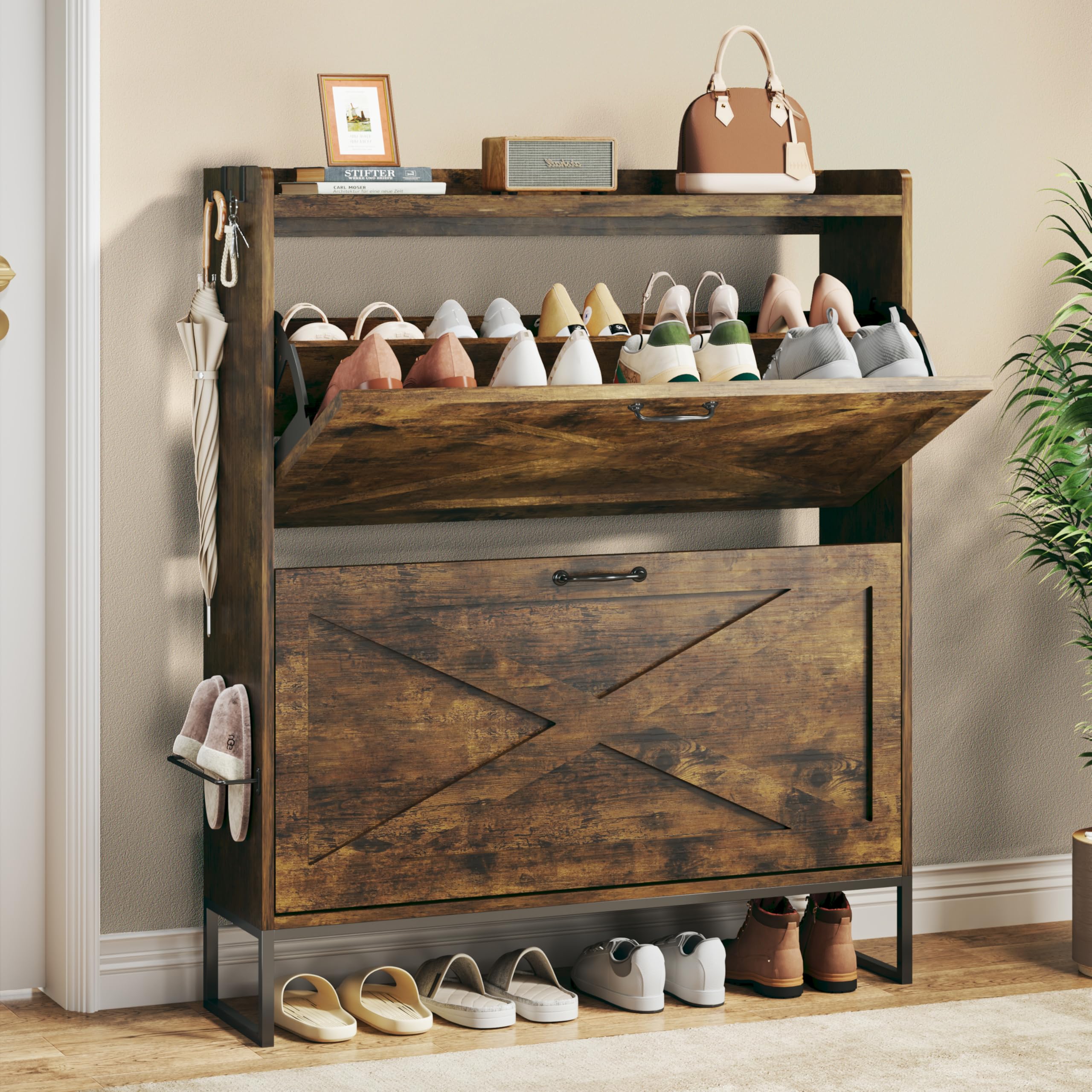 HUAHUU Shoe Cabinet with 2 Flip Drawers - Adjustable Shelves, Freestanding Organizer with Metal Legs for Entryway, Narrow Shoe Cabinet, Rustic Brown