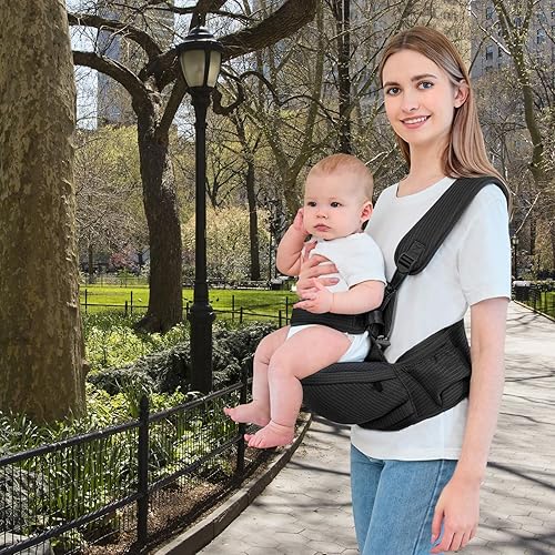 Miniatura 7 de IULONEE Asiento de cadera portabebés, mochila desmontable para bebés, ligera, cómoda y ergonómica con múltiples bolsillos para recién nacidos (negro)