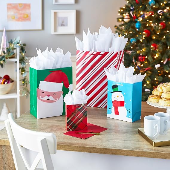 Hallmark Image Arts Assorted Holiday Gift Bag Bundle (16 Bags: 6 Small 5, 6 Medium 8, 2 Large 11, 2 XL 14) Red and Green, Santa, Stripes, Polka Dots, Snowmen, Snowflakes