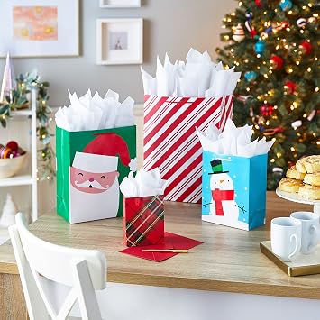 Hallmark Image Arts Assorted Holiday Gift Bag Bundle (16 Bags: 6 Small 5, 6 Medium 8, 2 Large 11, 2 XL 14) Red and Green, Santa, Stripes, Polka Dots, Snowmen, Snowflakes