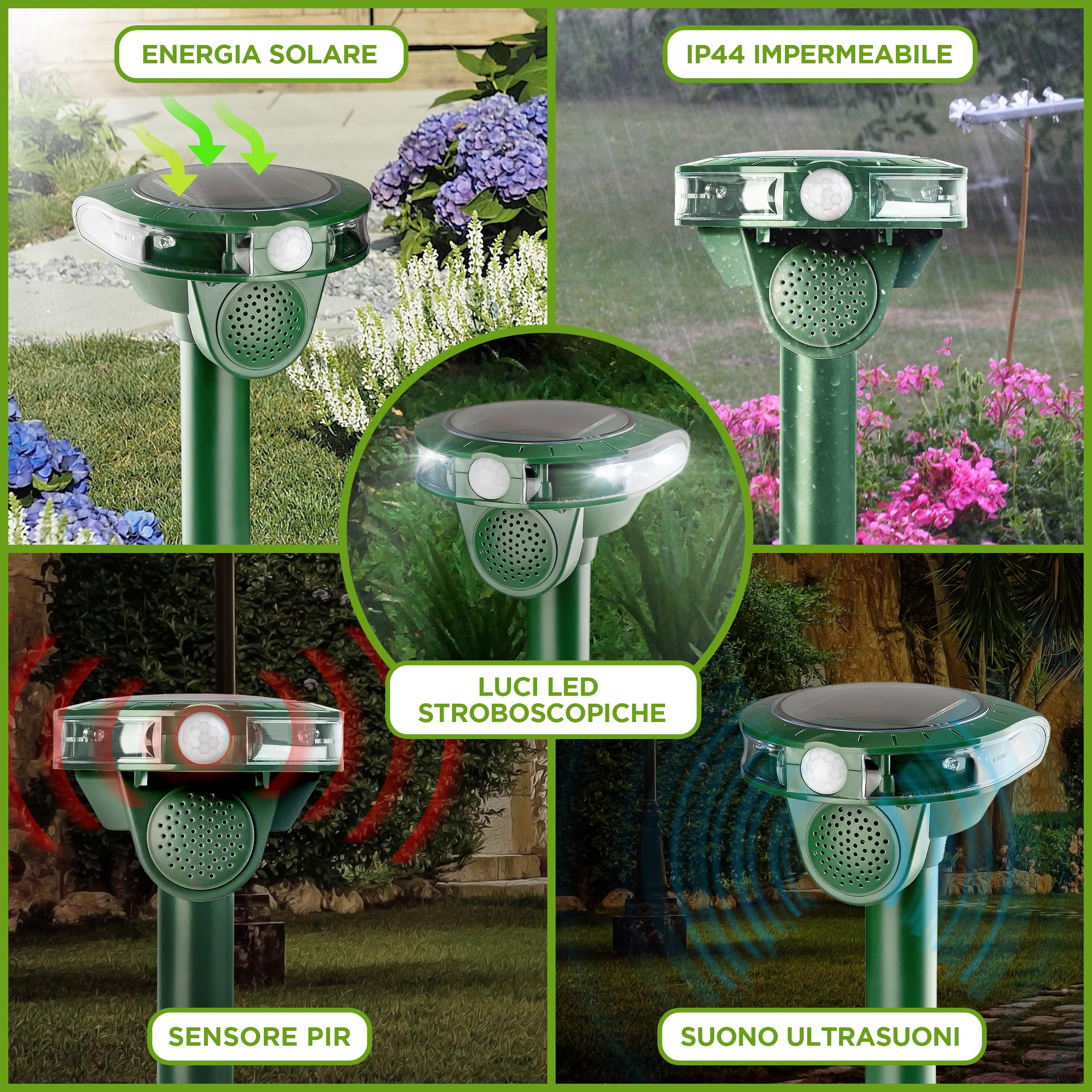 ISOTRONIC repellente animali ultrasuoni gatti cani volpi procioni energia solare picchetto giardino incluso raggio 40m² 2 unità efficace esterno dissuasore protezione difesa ecologico stop mobile
