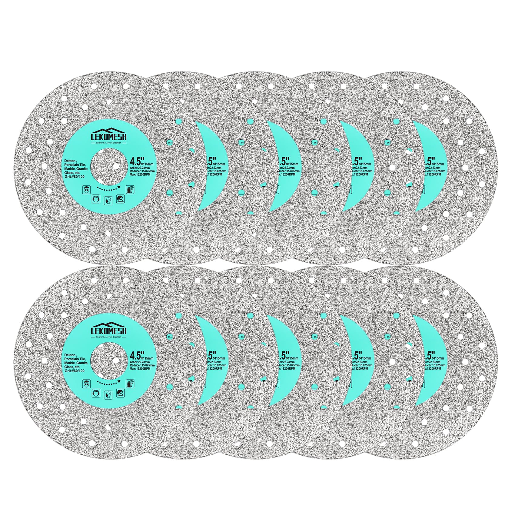 LEKOMESH Rock Slab Grinding Disc - 4.5 inch Glass Cutter Disc (10pcs), Granite Cutting Blade, Diamond Grinder Wheel for Rock Slab, Stone, Tile, Marble, Granite, Glass Diamond Saw Blades