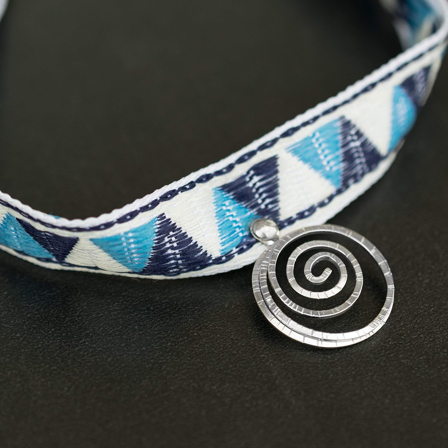 Cotton Fabric Choker Necklace for Women - Classic Blue and White Greek Motif with a Hammered 925 Sterling Silver Spiral, a Boho-chic Statement, Handmade by Emmanuela