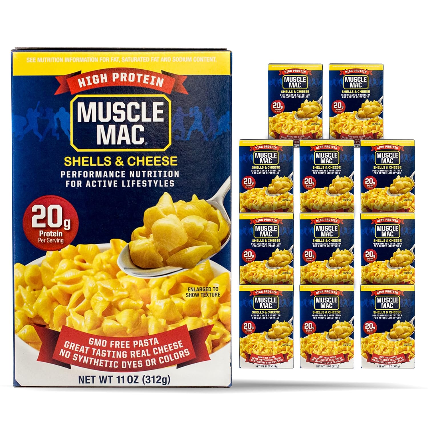 Muscle Mac® | Shells & Cheese Pasta For All Ages, 20 Grams Of Protein Per Serving, Real Cheese, Non-GMO, 11 Ounce (Pack of 12)