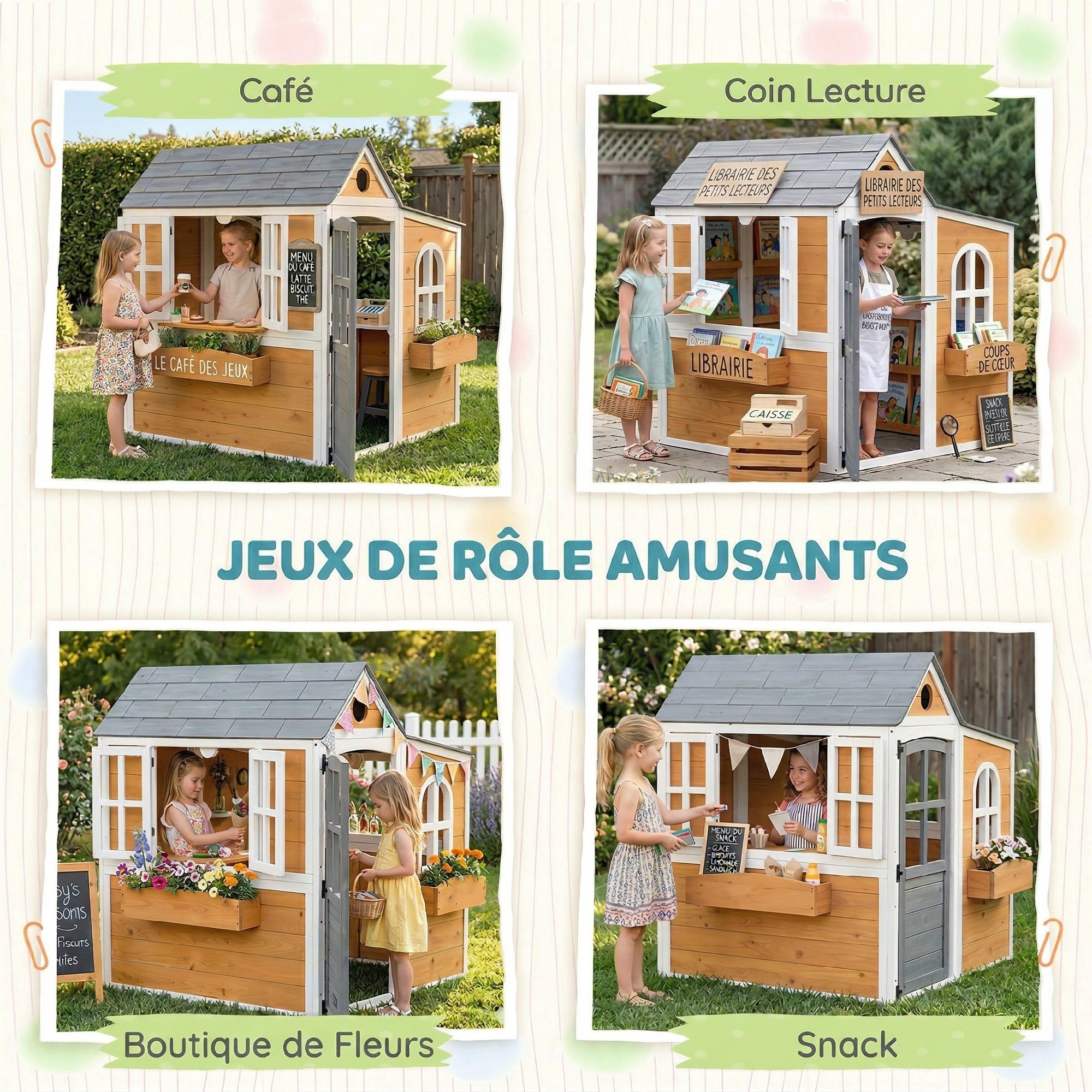 AIYAPLAY Kinderhütte für den Außenbereich, Holz, 3-6 Jahre, 125,5 x 119 x 126 cm, Gelb | Kinderhaus für Außen/Innen, Tür, Fenster, 3 Blumenkästen, wetterfest, Spielhaus