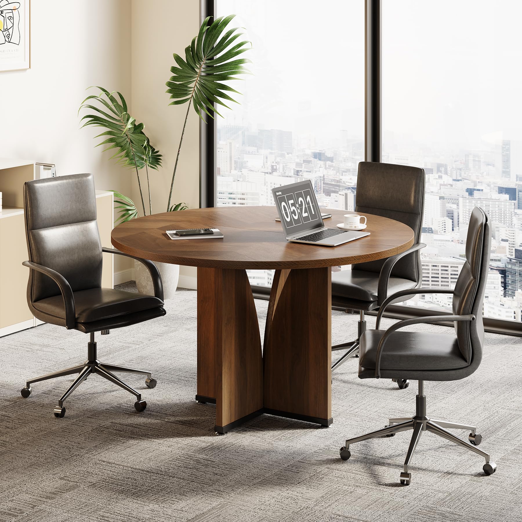 LITTLE TREE 39-Inch Conference Table for 4, Round Meeting Table with X-Shape Pedestal, for Office, Conference Room, Small Spaces, Dark Brown
